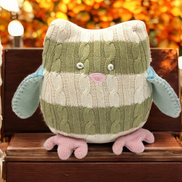 Pottery Barn Kids PBK Stuffed Toy Owl Weighted Cable Knit Plush Pillow Doorstop - Picture 8 of 13